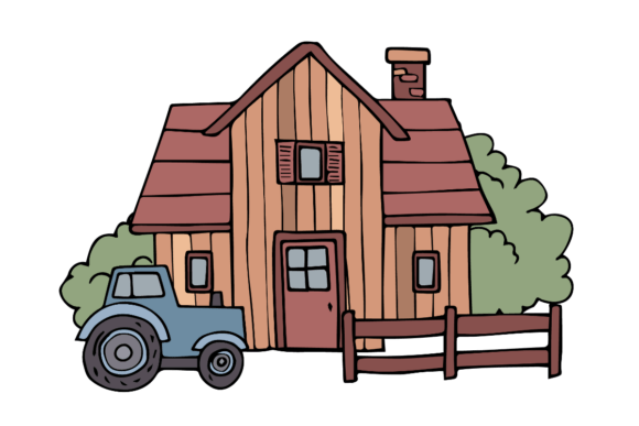 Charming Farmhouse with Tractor Illustration for Creative Projects