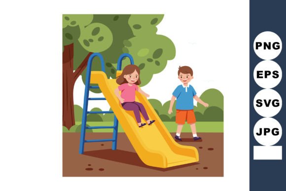 Children Playing on Yellow Slide in Green: A Joyful Visual for Creative Projects