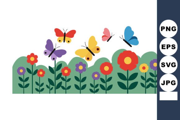 Colorful Butterflies Flying Above Red and Purple Flowers: A Vibrant Illustration for Creative Projects