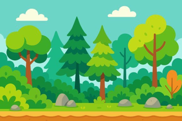 Flat Forest Landscape with Green Trees