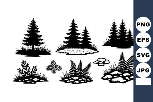 Pine Tree Silhouettes with Ferns and Roc: A Visual Asset for Creative and Professional Use