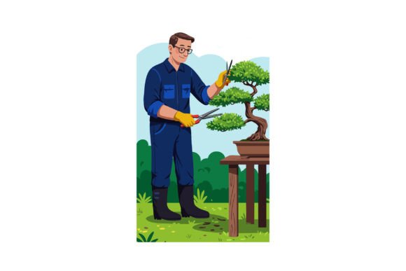 Strategic Focus Through Visual Symbolism: Leveraging the Image of a Man in Blue Uniform Pruning Green Bonsai